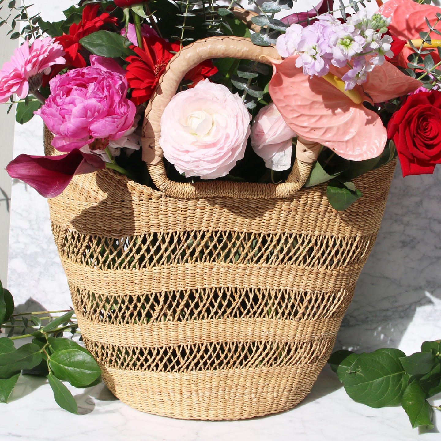 Pinstripe Lacework Basket Tote with Leather Handles