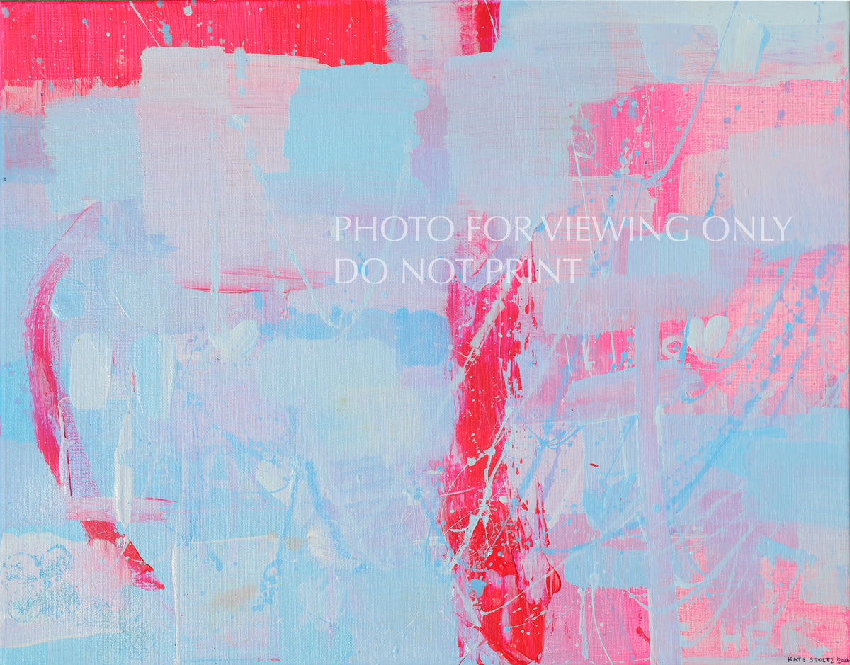 An abstract painting with layered brushstrokes of light blue, pink, and red, A small artist signature is visible in the bottom right corner.