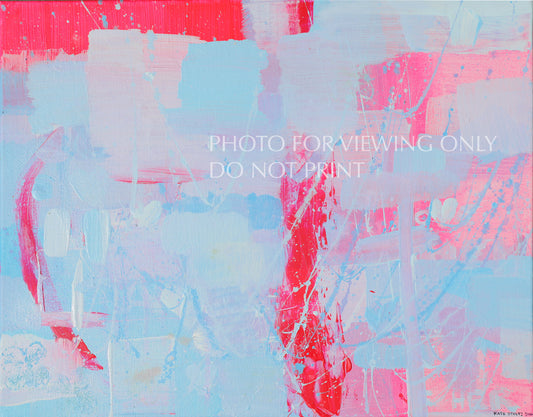 An abstract painting with layered brushstrokes of light blue, pink, and red, A small artist signature is visible in the bottom right corner.
