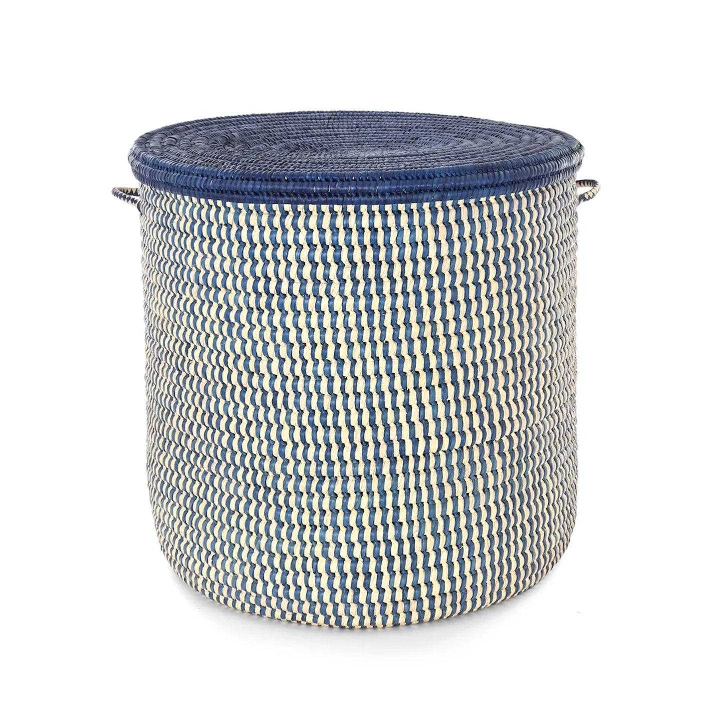 A round woven storage basket with a navy blue lid and side handles, featuring a blue and cream zigzag woven pattern on the body, set against a plain white background.