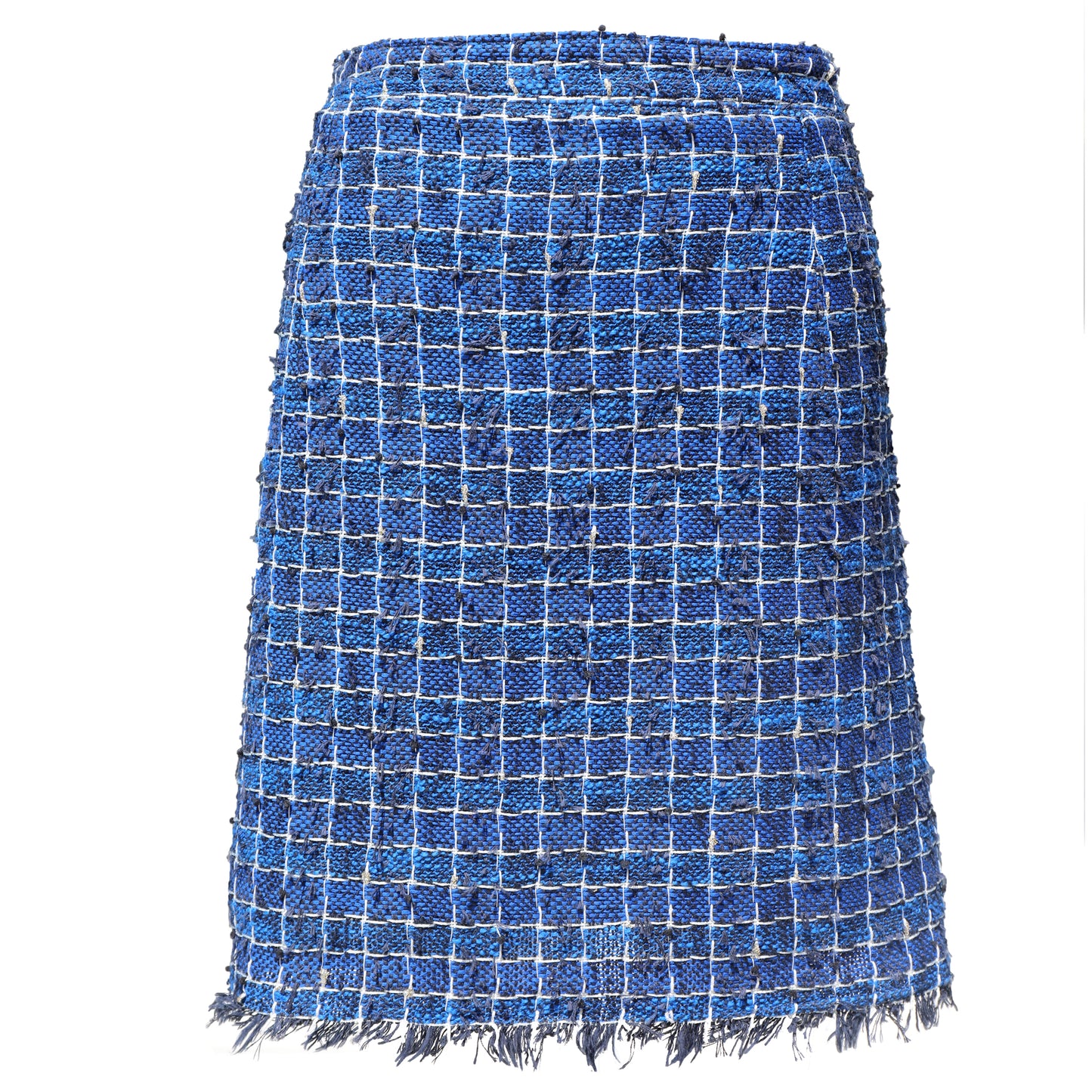 A blue tweed mini skirt with a white grid pattern and frayed fringe along the hem, shown against a plain white background.