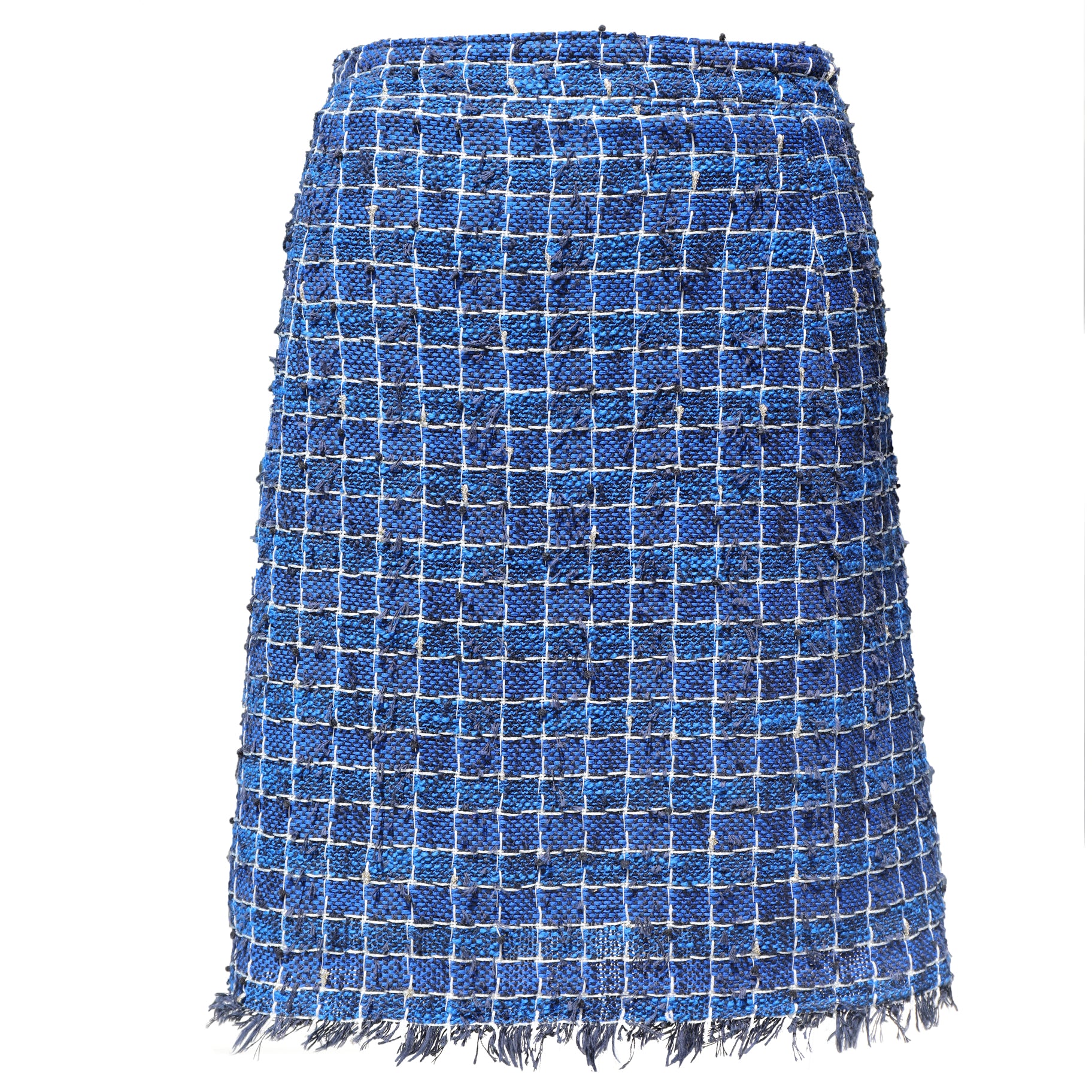 A blue tweed mini skirt with a white grid pattern and frayed fringe along the hem, shown against a plain white background.