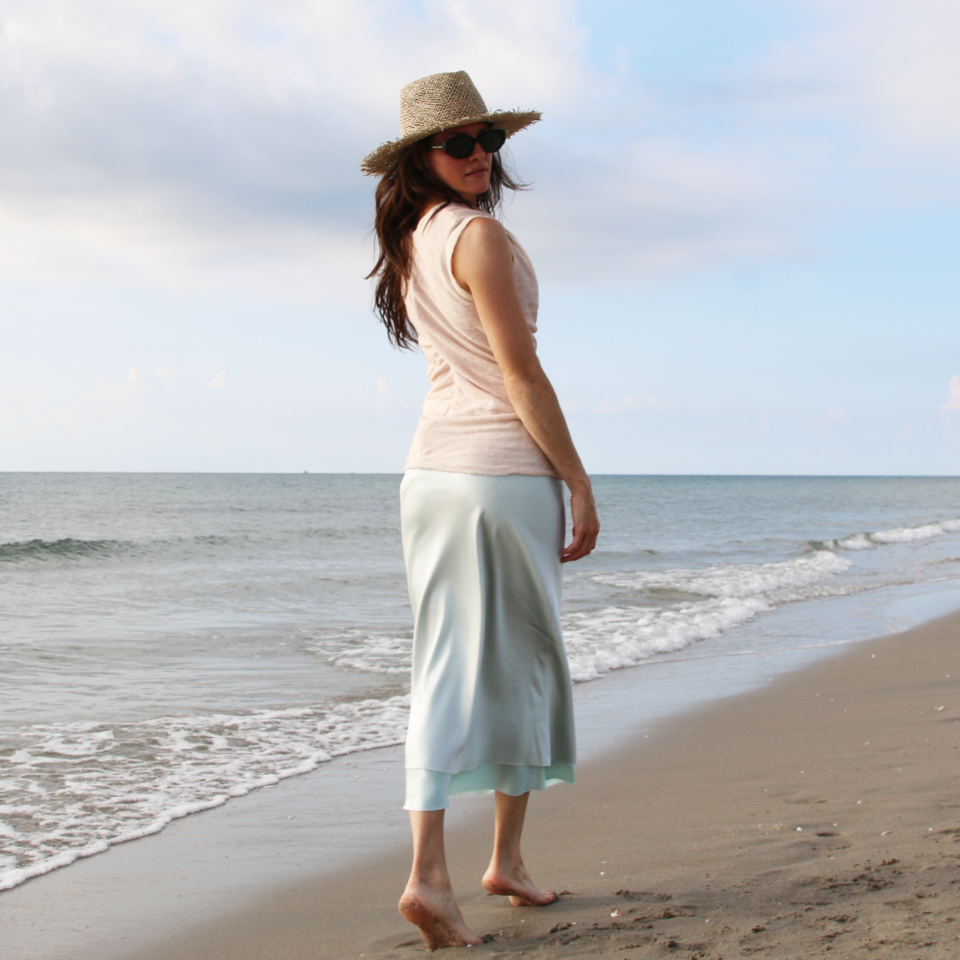    draped-knit-blouse-with-blue-silk-skirt