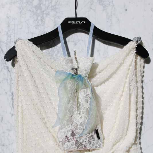 White Lace with BlueGreen Organza Ribbon Closet Sachet 1/1