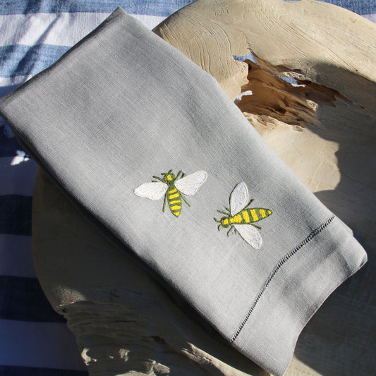 grey linen hand embroidered hand guest towel