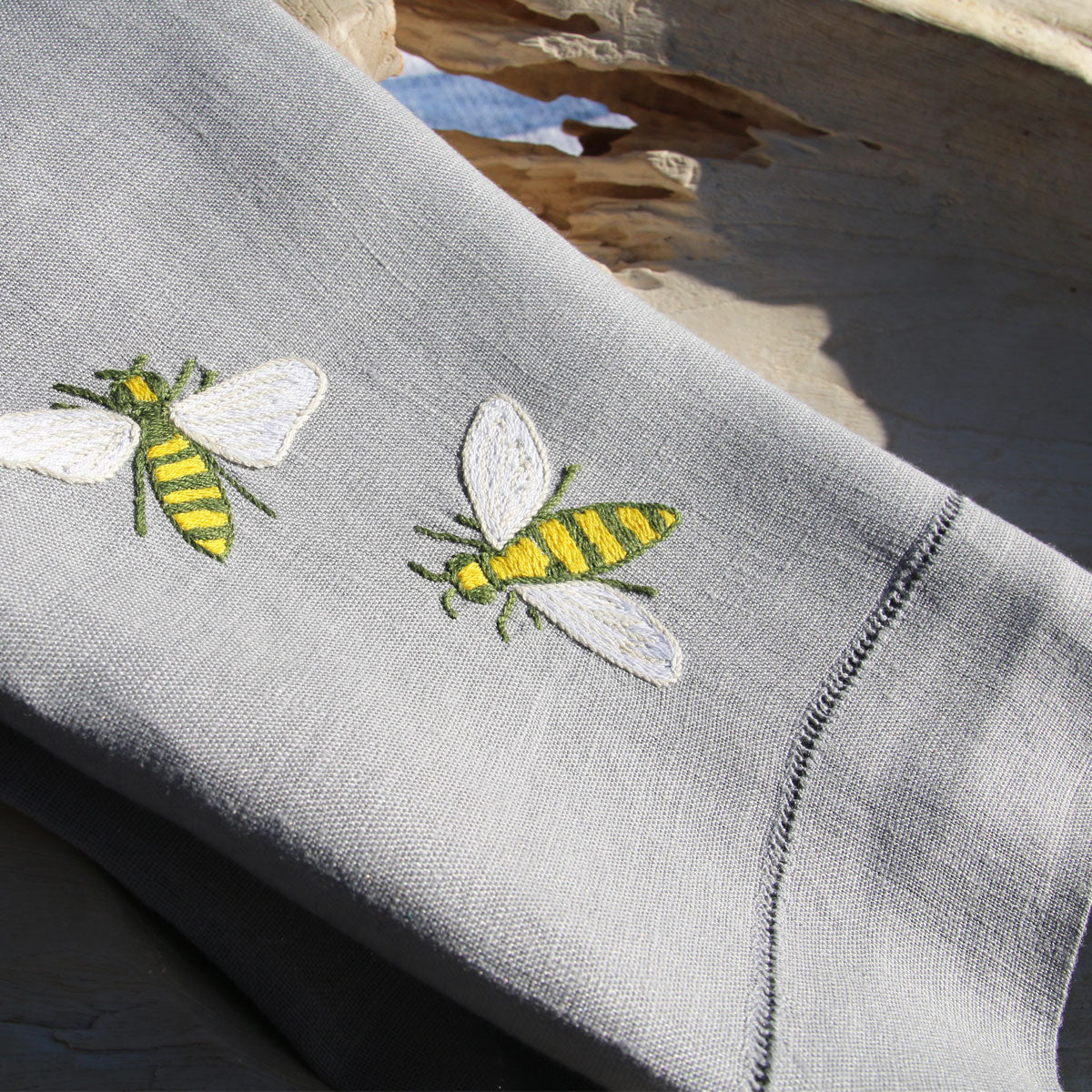 hand embroidered bumble bee embroidery on linen towel