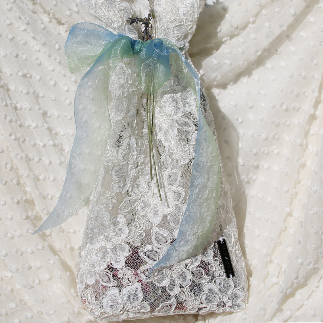 White Lace with BlueGreen Organza Ribbon Closet Sachet 1/1