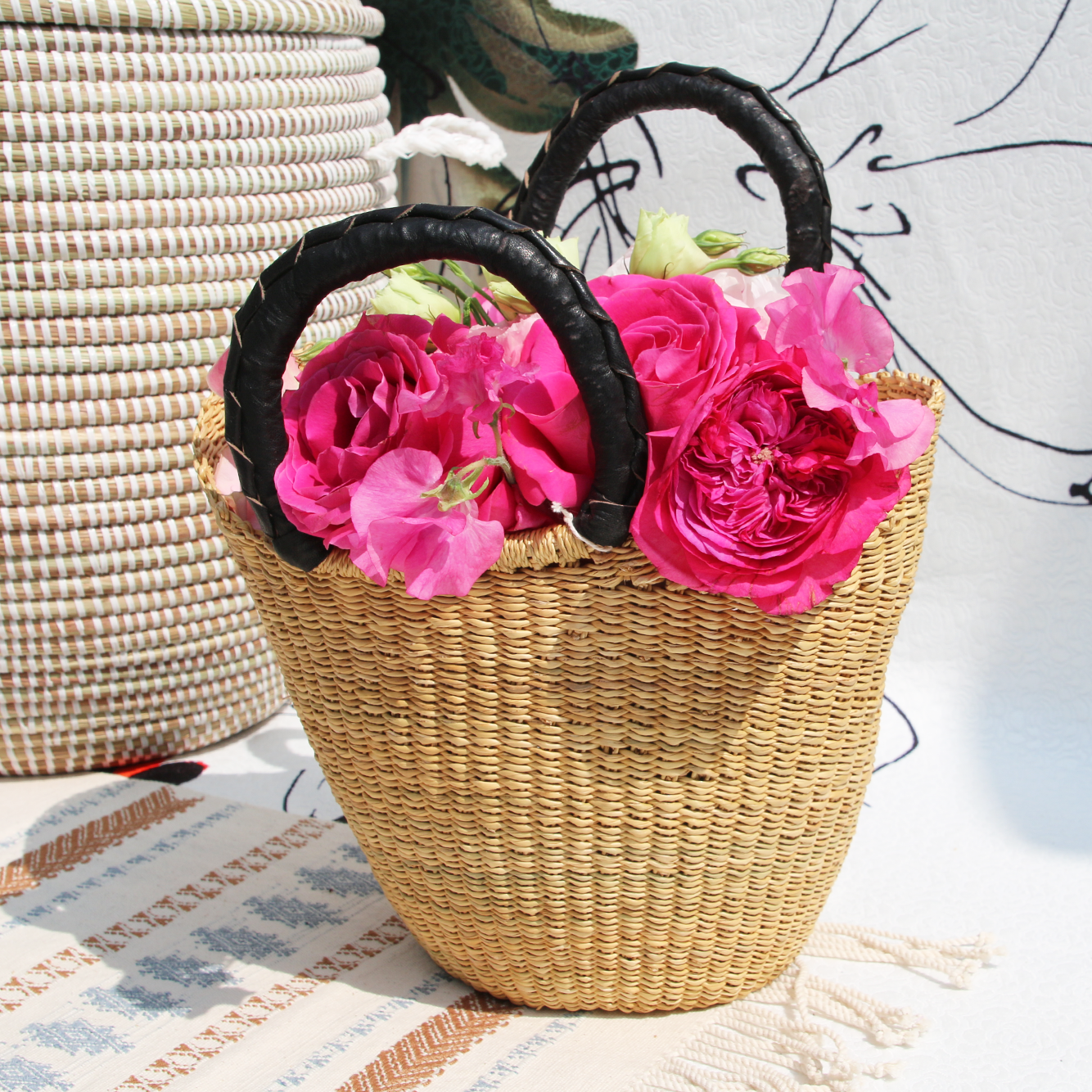 Pinstripe Lacework Basket Tote with Leather Handles