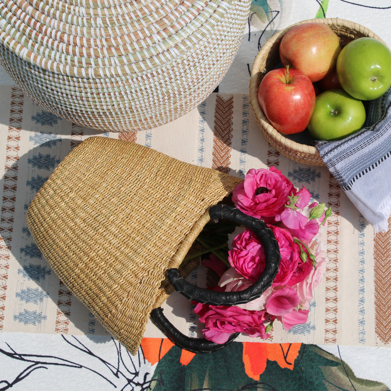 Pinstripe Lacework Basket Tote with Leather Handles