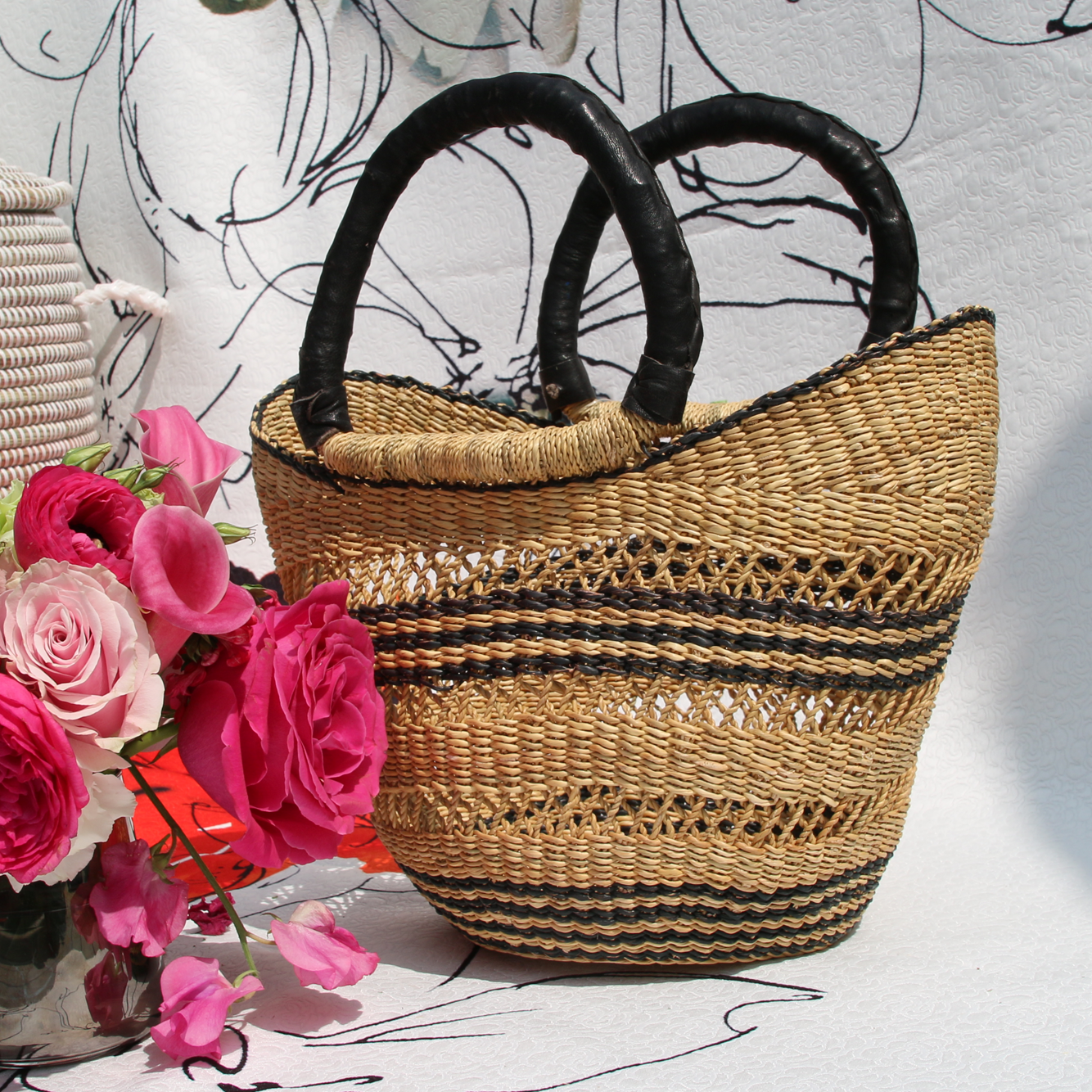 Pinstripe Lacework Basket Tote with Leather Handles