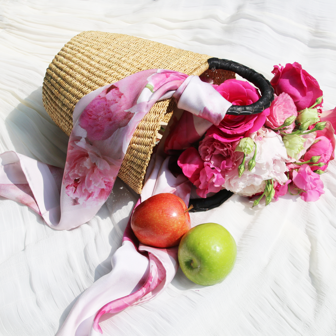 Pinstripe Lacework Basket Tote with Leather Handles