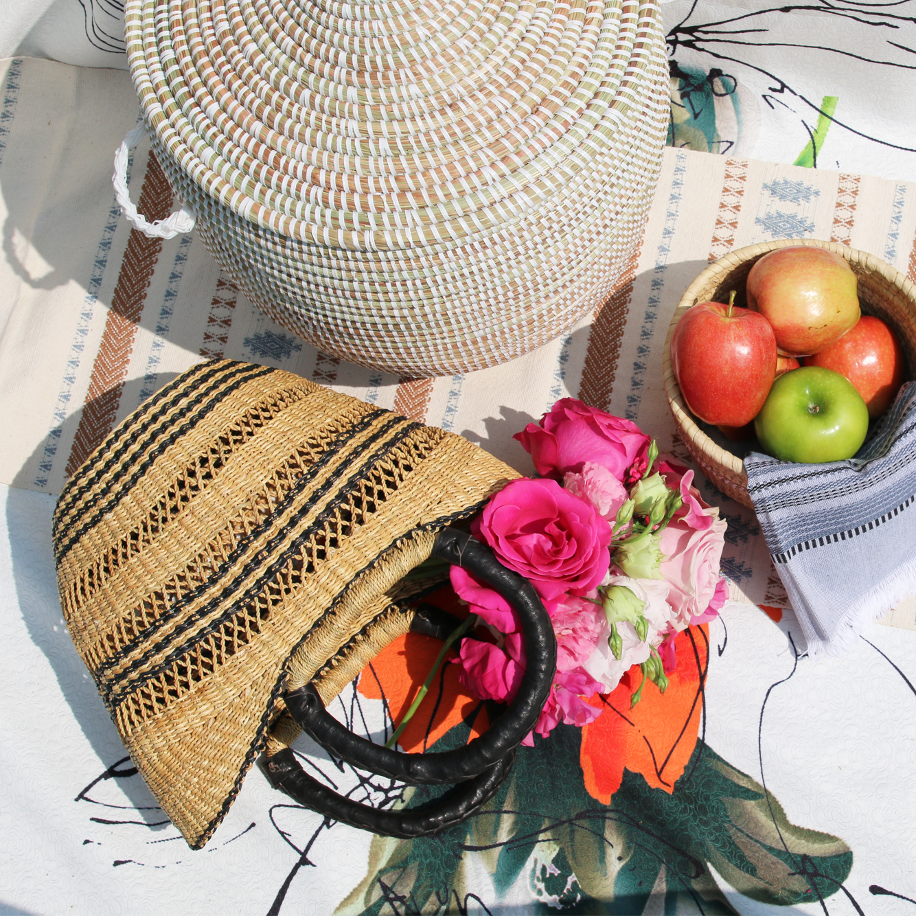 Pinstripe Lacework Basket Tote with Leather Handles