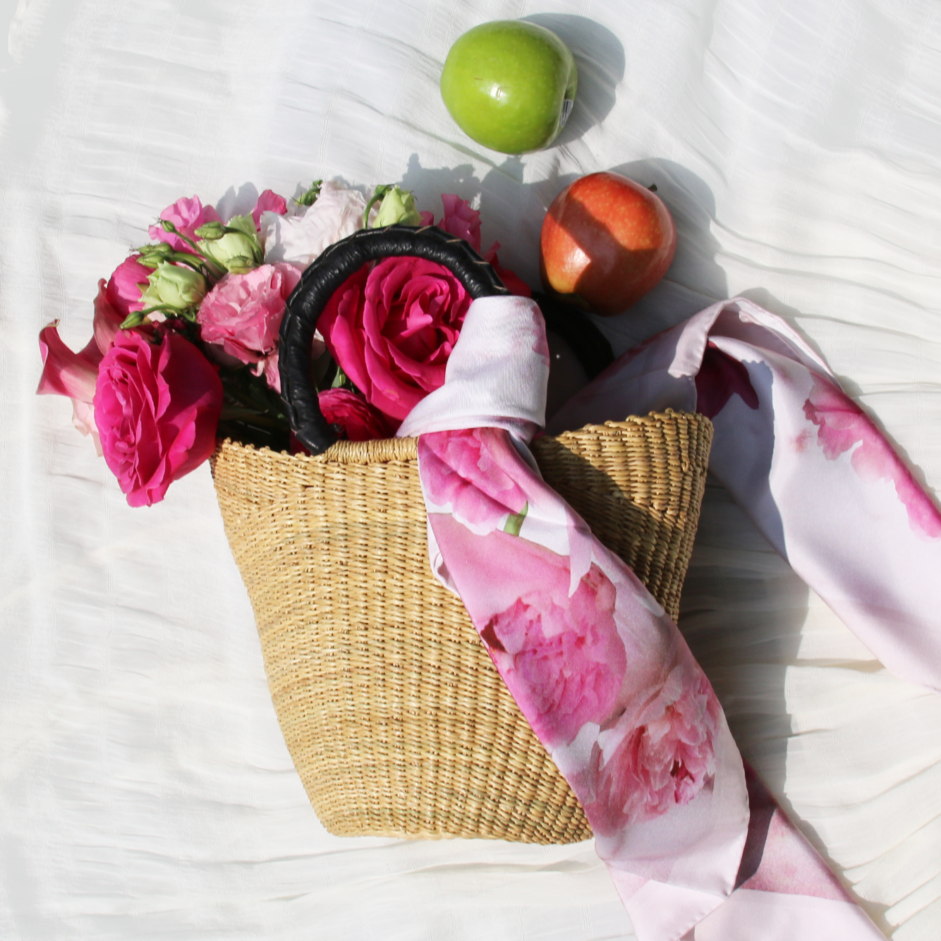 Pinstripe Lacework Basket Tote with Leather Handles