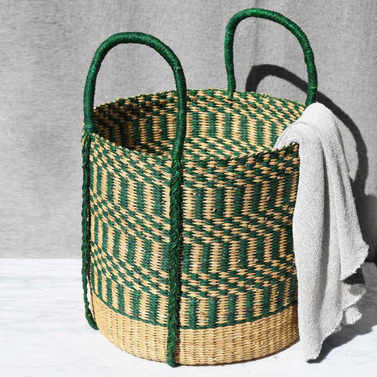 hunter-green-and-beige-hamper-blanket-basket-with-handles