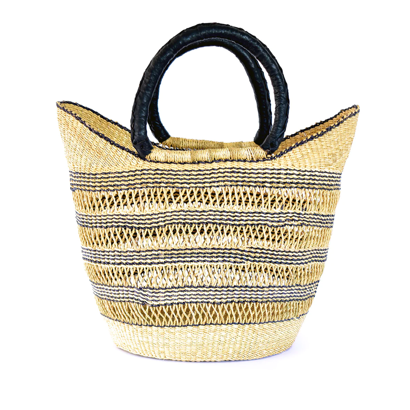 Pinstripe Lacework Basket Tote with Leather Handles