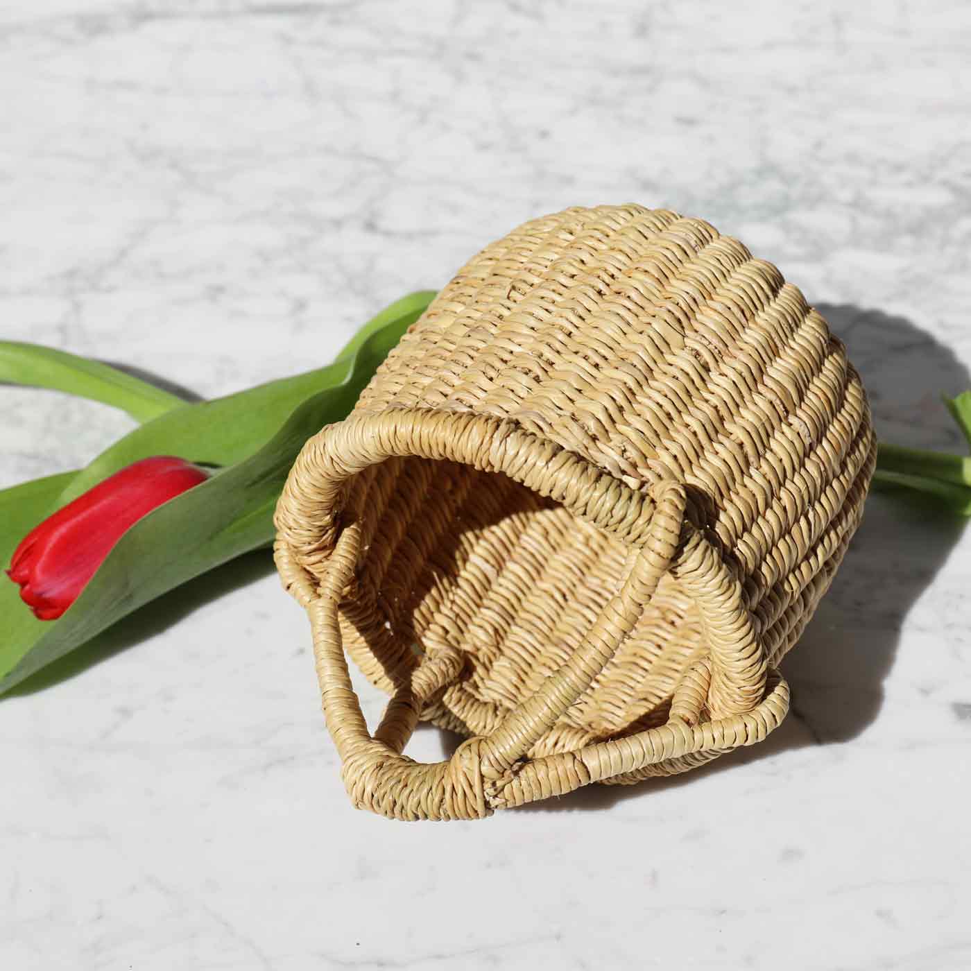 Woven straw pet house on a light surface with a tulip leaf
