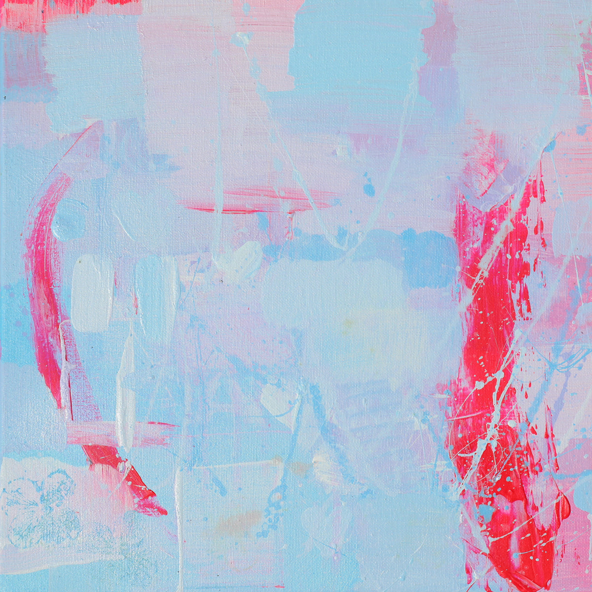 Abstract acrylic painting with layered brushstrokes in light blue, pink, and bright red, with white highlights and textured impasto details.