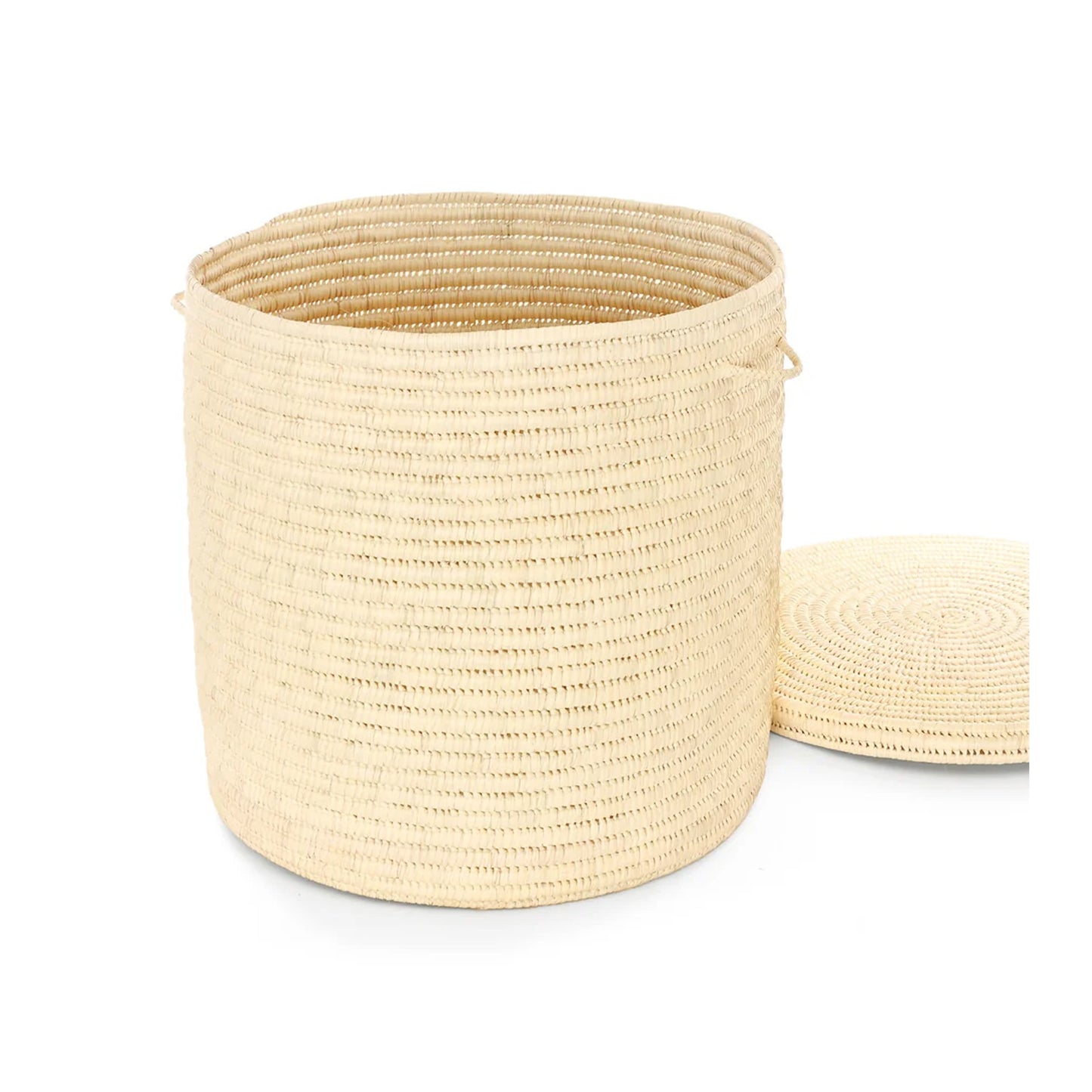 A natural woven basket with a matching round lid, shown on a clean white background.