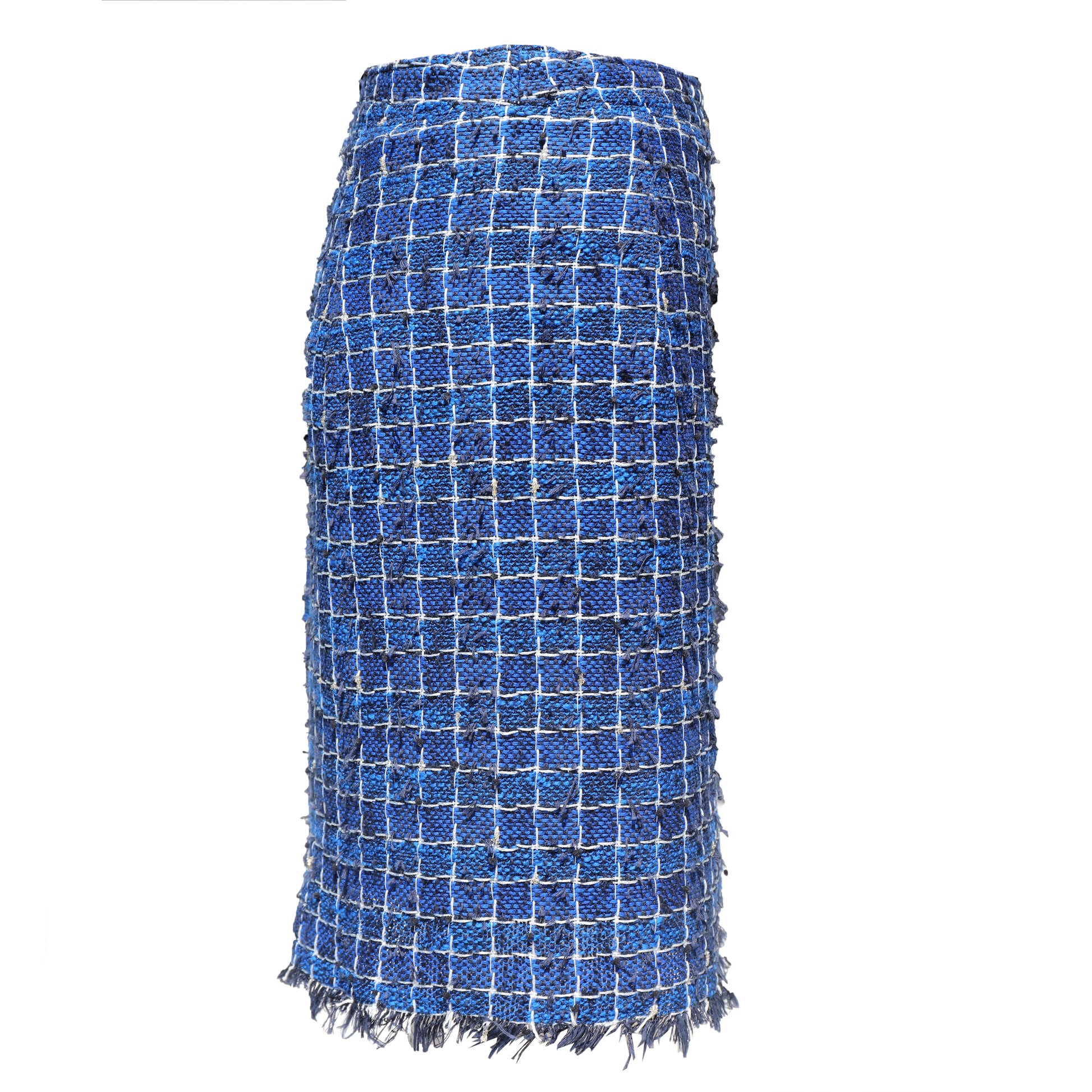 A blue tweed pencil skirt with a white grid pattern and frayed fringe along the bottom hem, shown against a plain white background.
