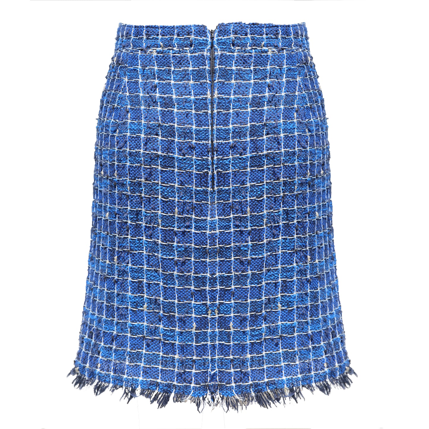 A blue tweed mini skirt with a white grid pattern and frayed fringe hem, shown against a plain white background.