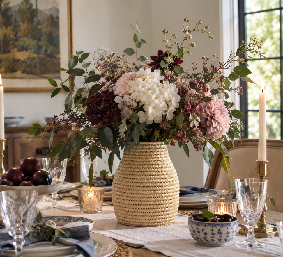 A rustic woven straw vase filled with a lush floral arrangement of pink, white, and burgundy hydrangeas, set on a decorated dining table with candles, crystal glasses, and plates.