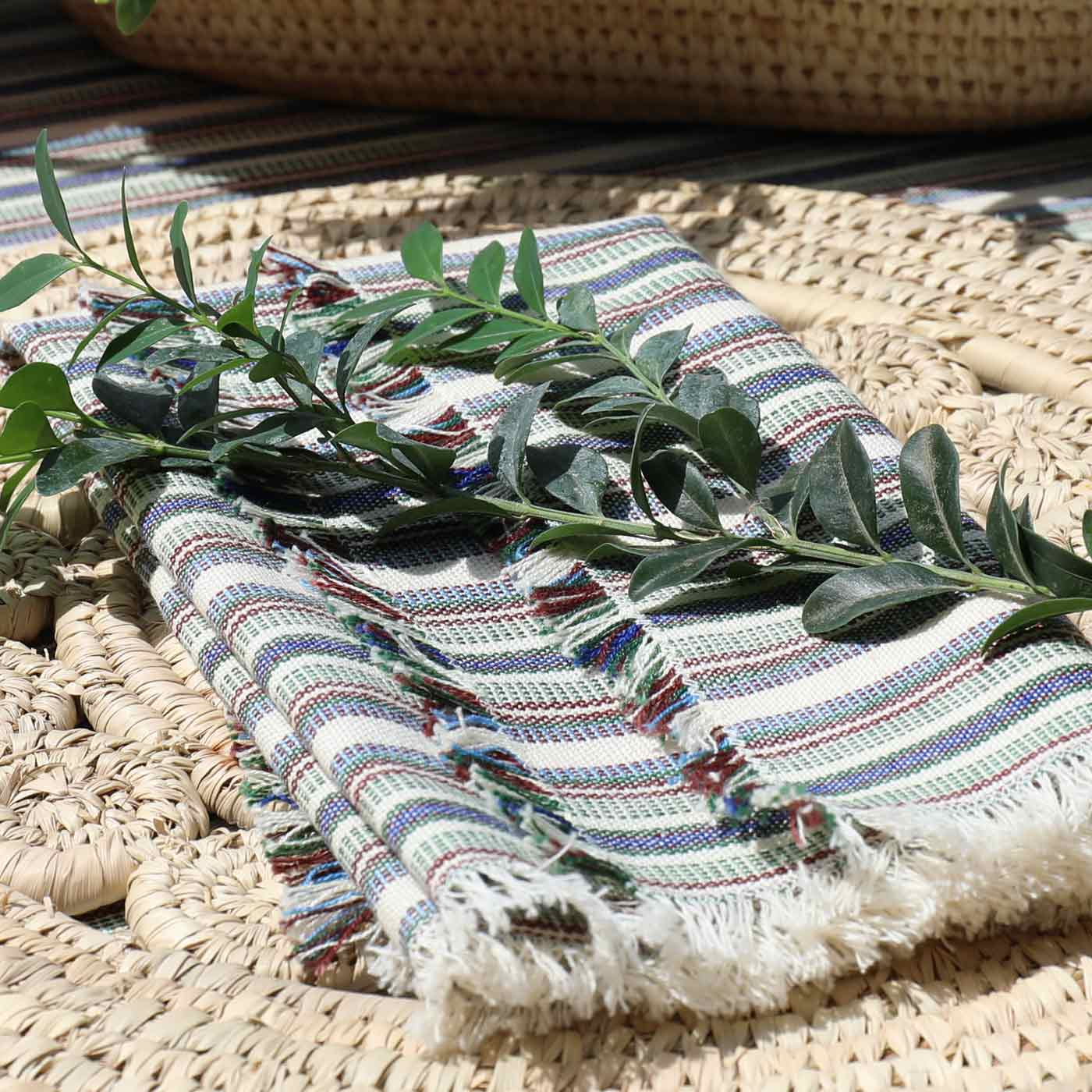 Striped fabric with fringes and green leaves on a woven surface