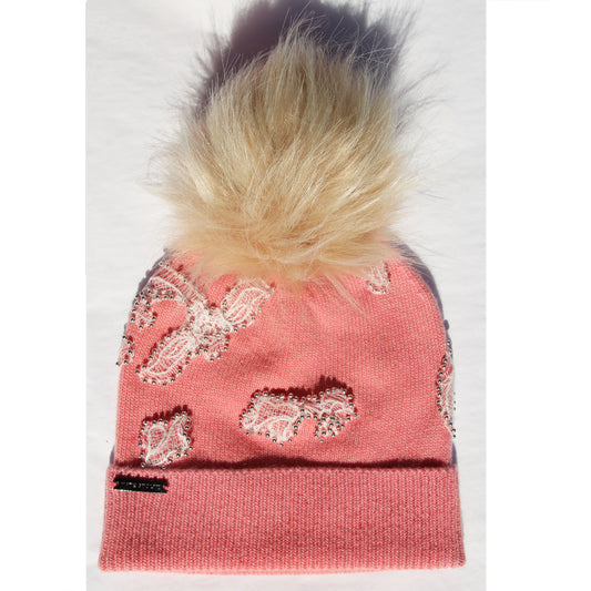 Silver Pearl Floral Lace Knit Hat
