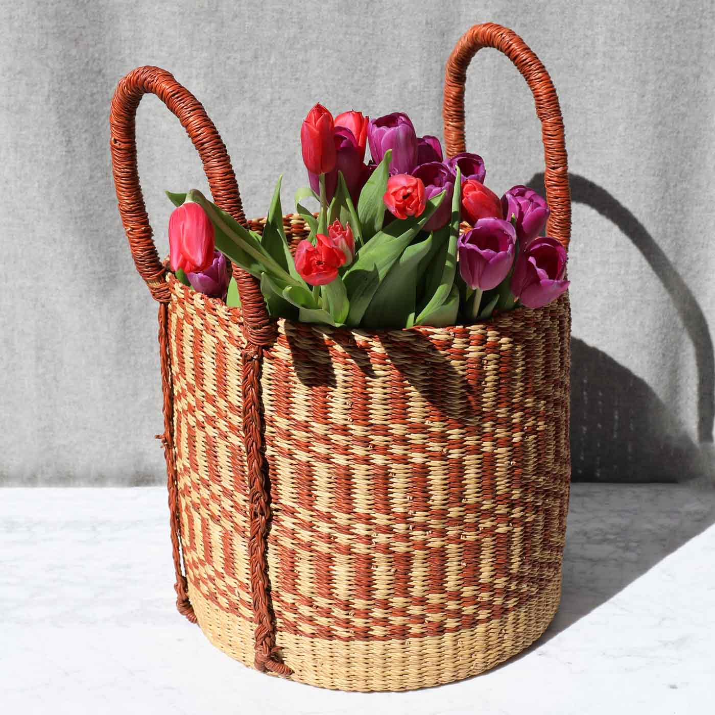 mahogany warm-reddish-brown-and-beige-strong-bolga-storage-basket-with-handle