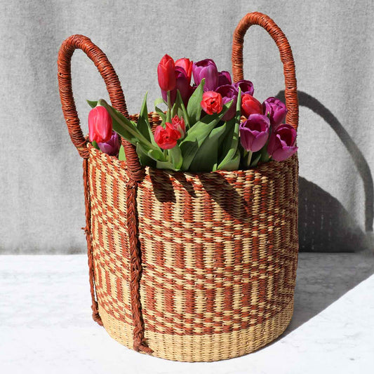mahogany warm-reddish-brown-and-beige-strong-bolga-storage-basket-with-handle