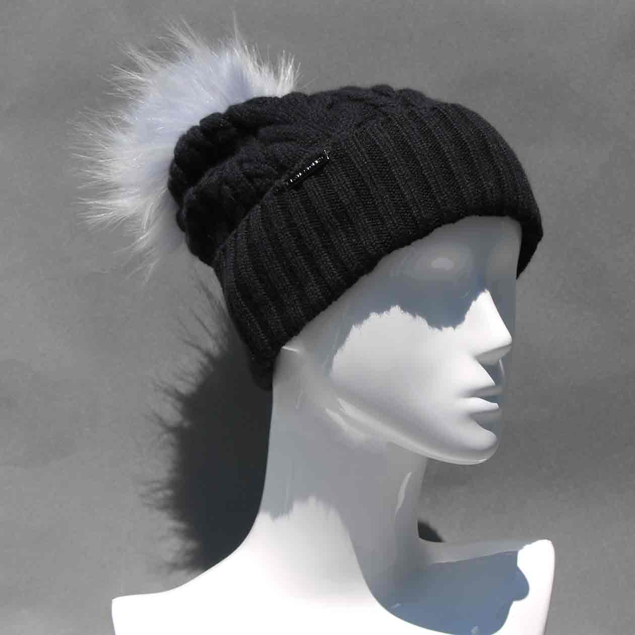 Black Cable Knit Hat with Custom Color Faux Fur Pom Pom