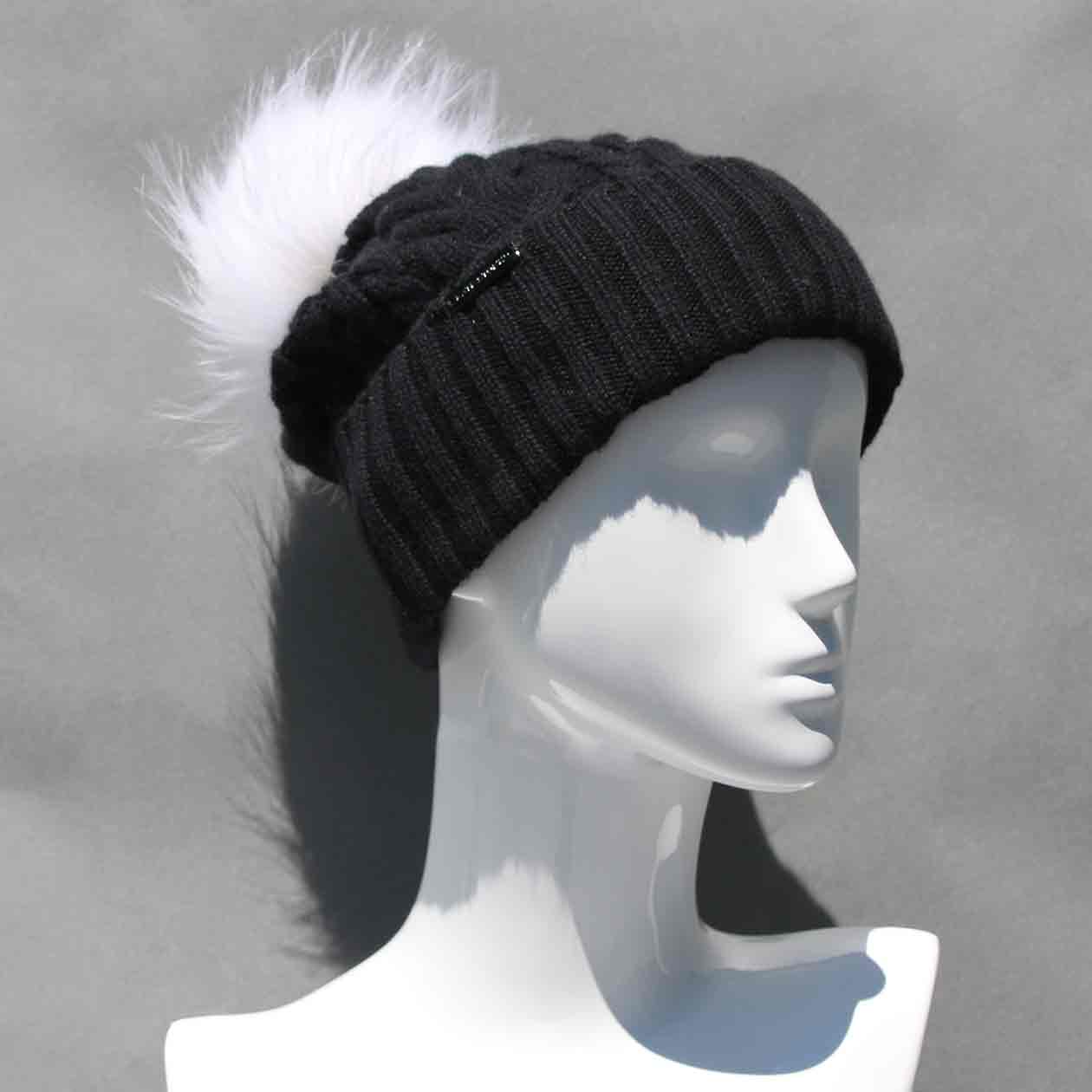 Black Cable Knit Hat with Custom Color Faux Fur Pom Pom