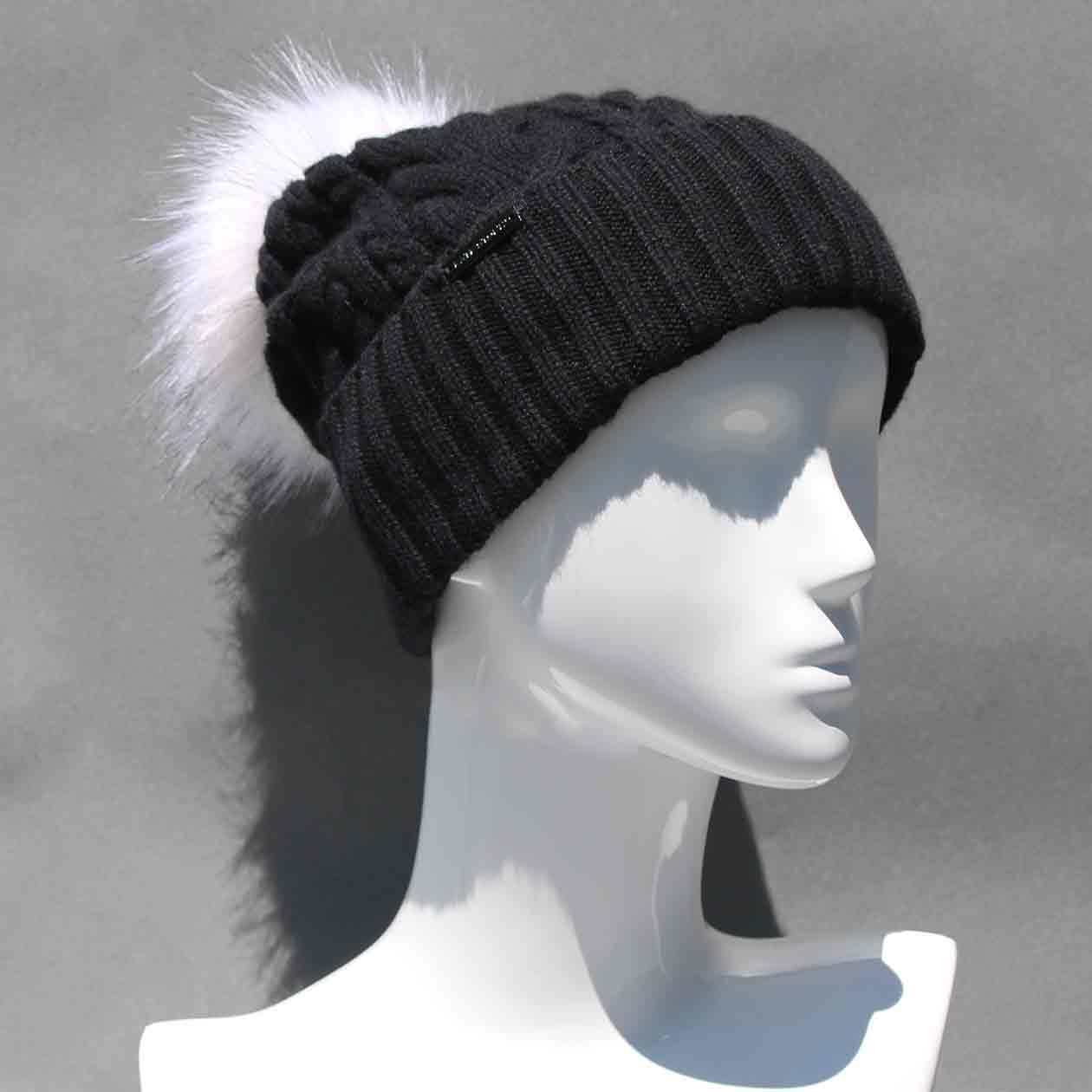 Black Cable Knit Hat with Custom Color Faux Fur Pom Pom