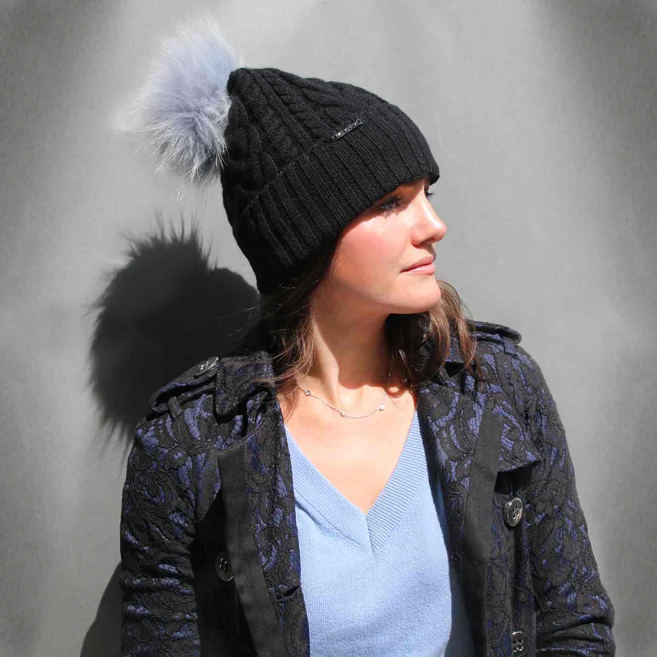 Black Cable Knit Hat with Custom Color Faux Fur Pom Pom