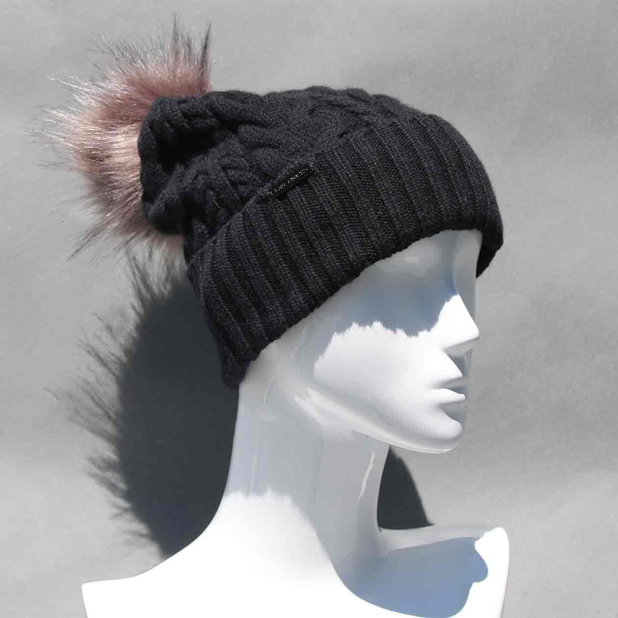 Black Cable Knit Hat with Custom Color Faux Fur Pom Pom