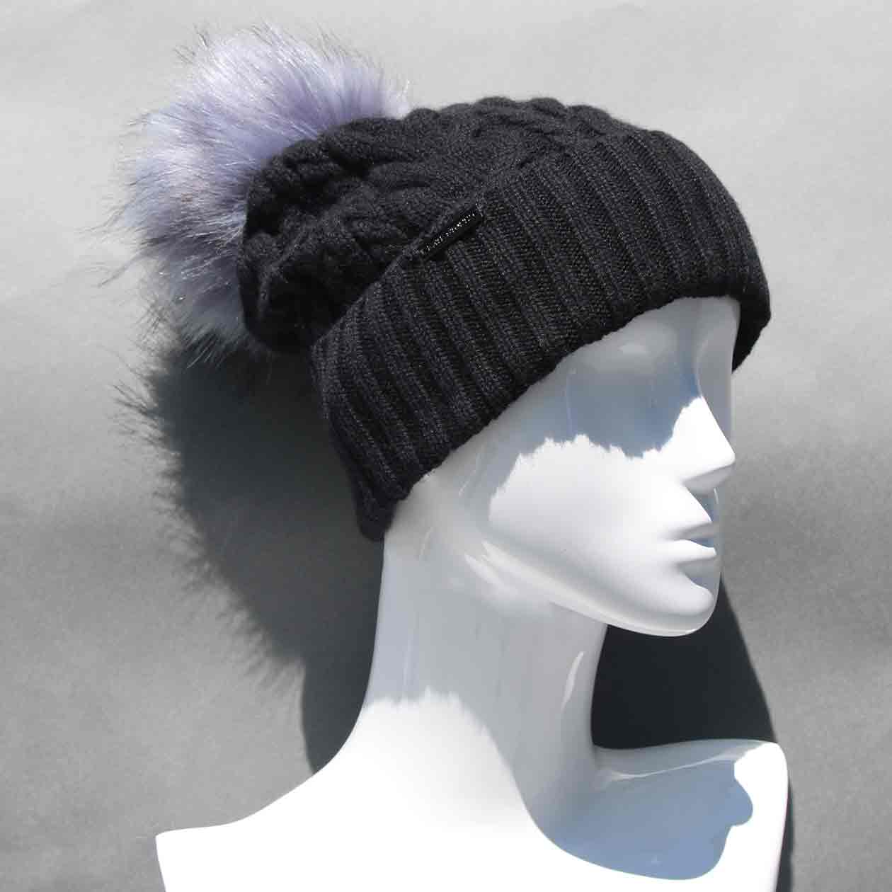 Black Cable Knit Hat with Custom Color Faux Fur Pom Pom