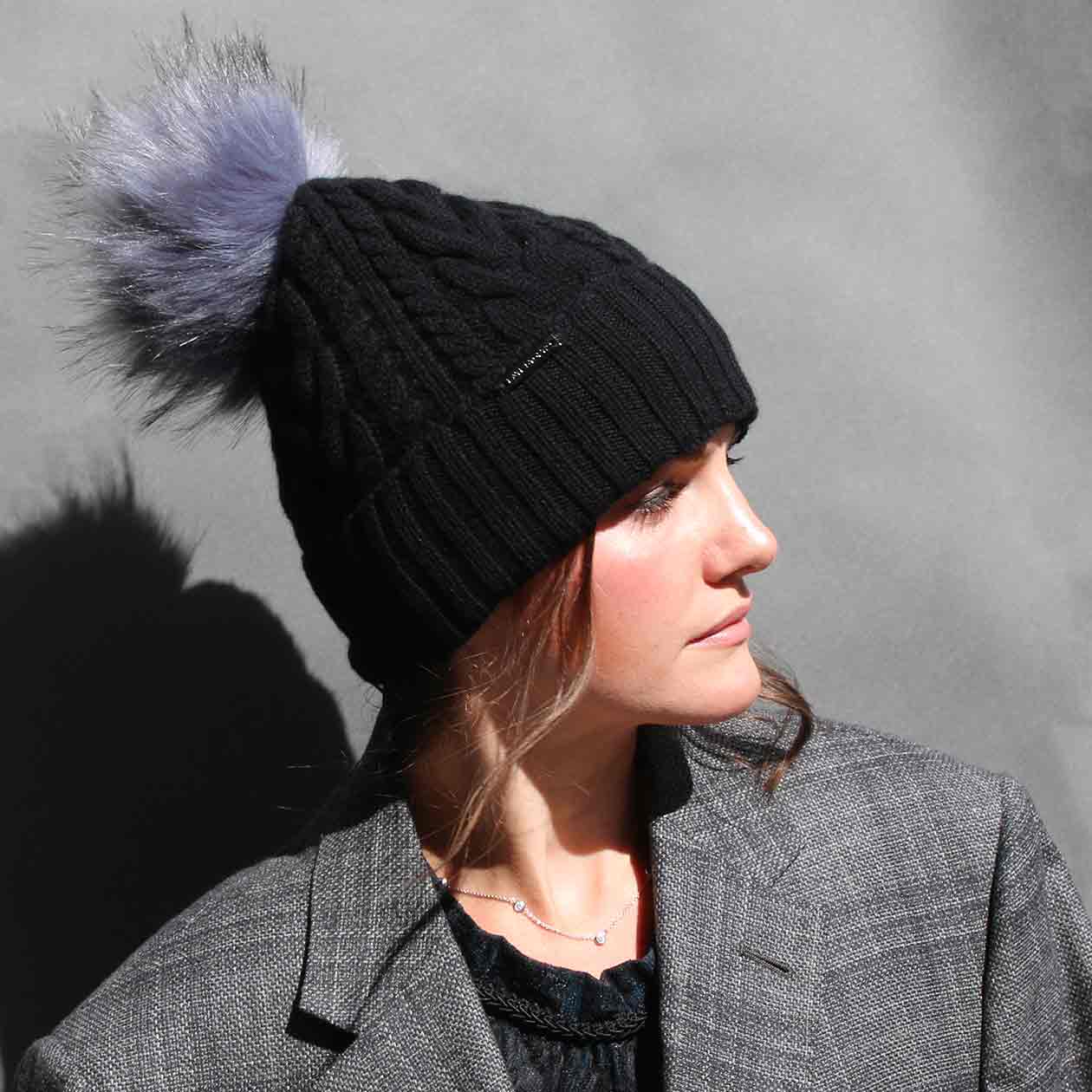 Black Cable Knit Hat with Custom Color Faux Fur Pom Pom