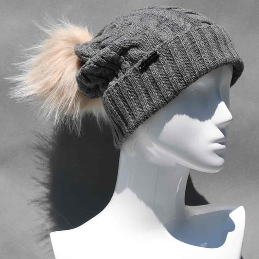 Cable Knit Hat with Faux Fur Pom Pom /Multiple Colors