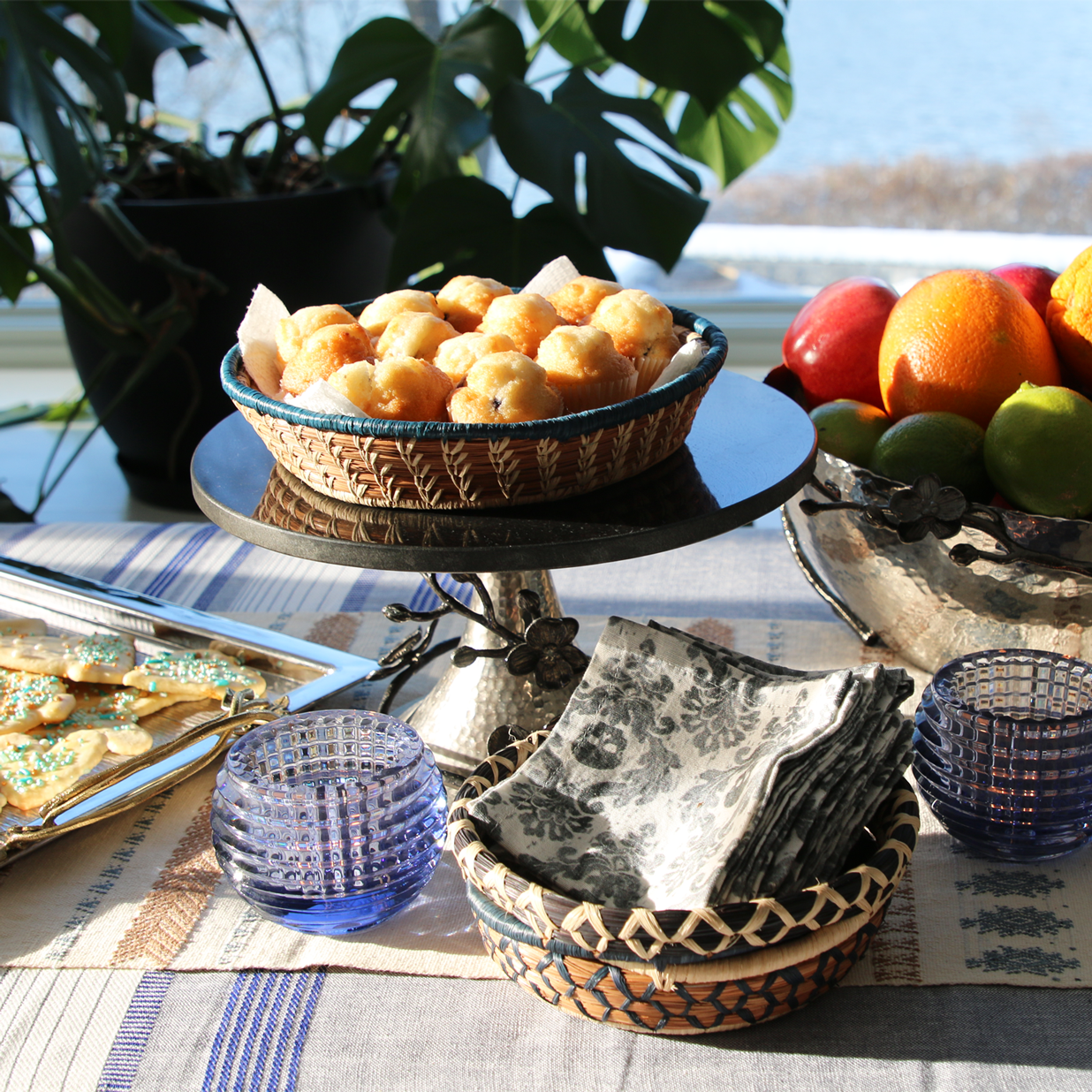 handwoven white blue guatemalan artisan table runner