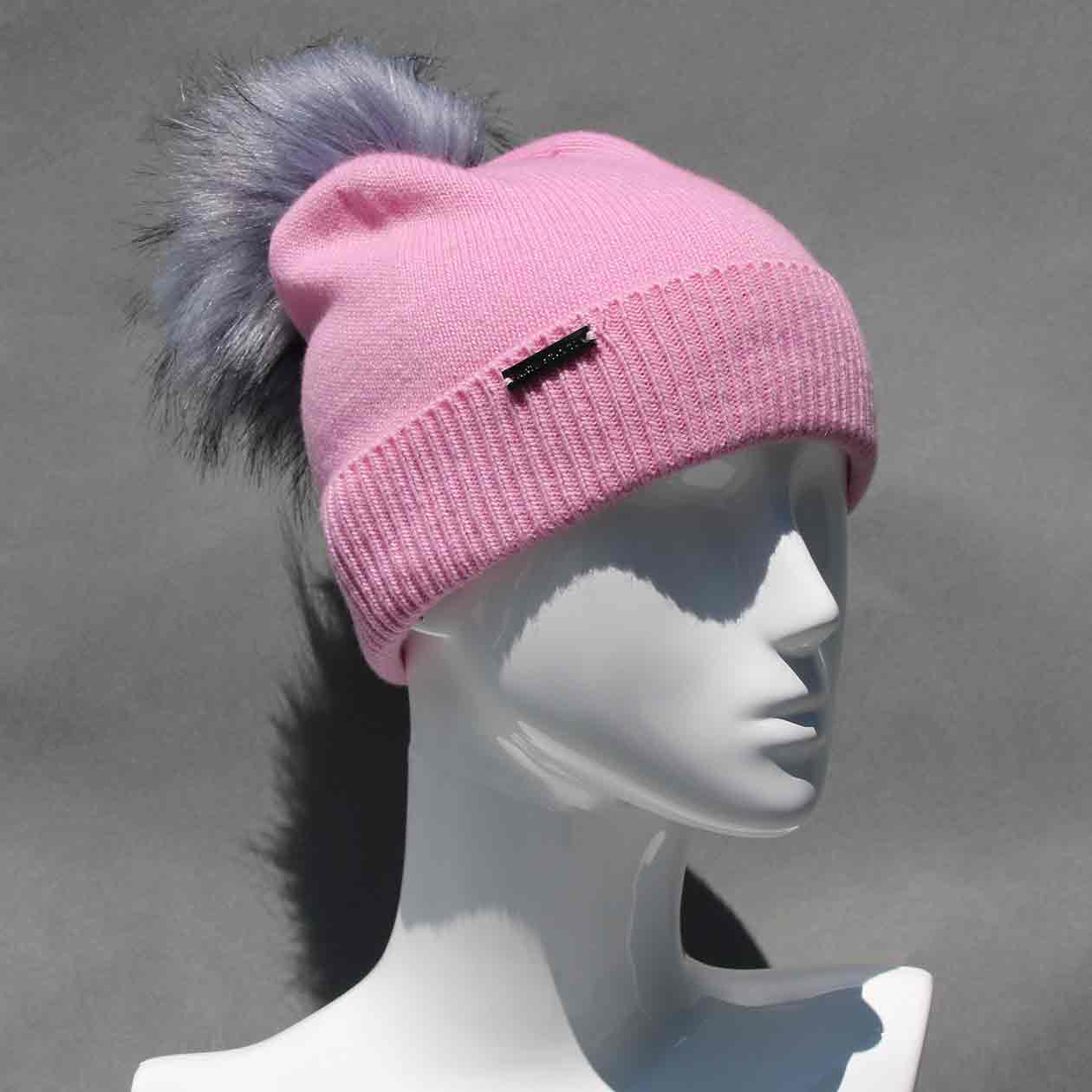 Party Pink Knit Hat with Custom Color Faux Fur Pom Pom