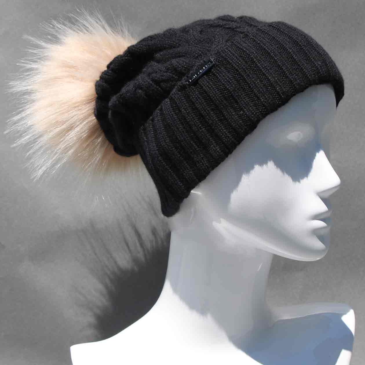 Black Cable Knit Hat with Custom Color Faux Fur Pom Pom