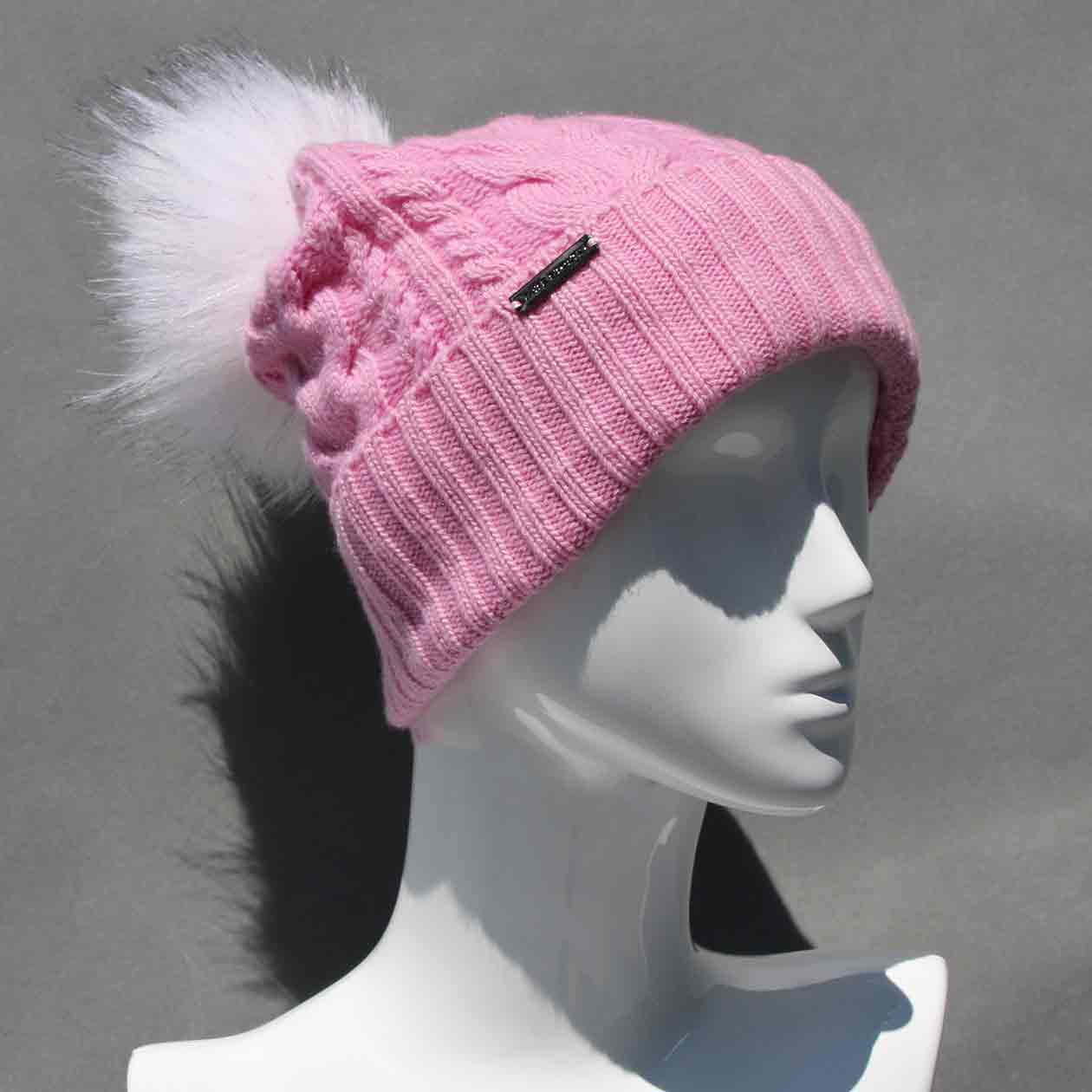 Cable Knit Hat with Faux Fur Pom Pom /Multiple Colors