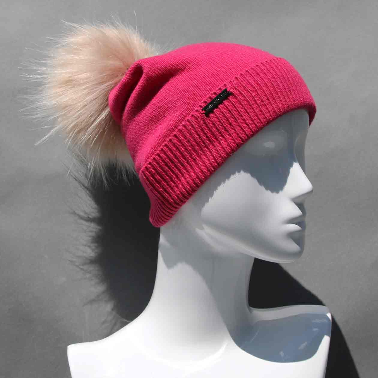 Orchid Flower Fuchsia Knit Hat with Custom Color Faux Fur Pom Pom