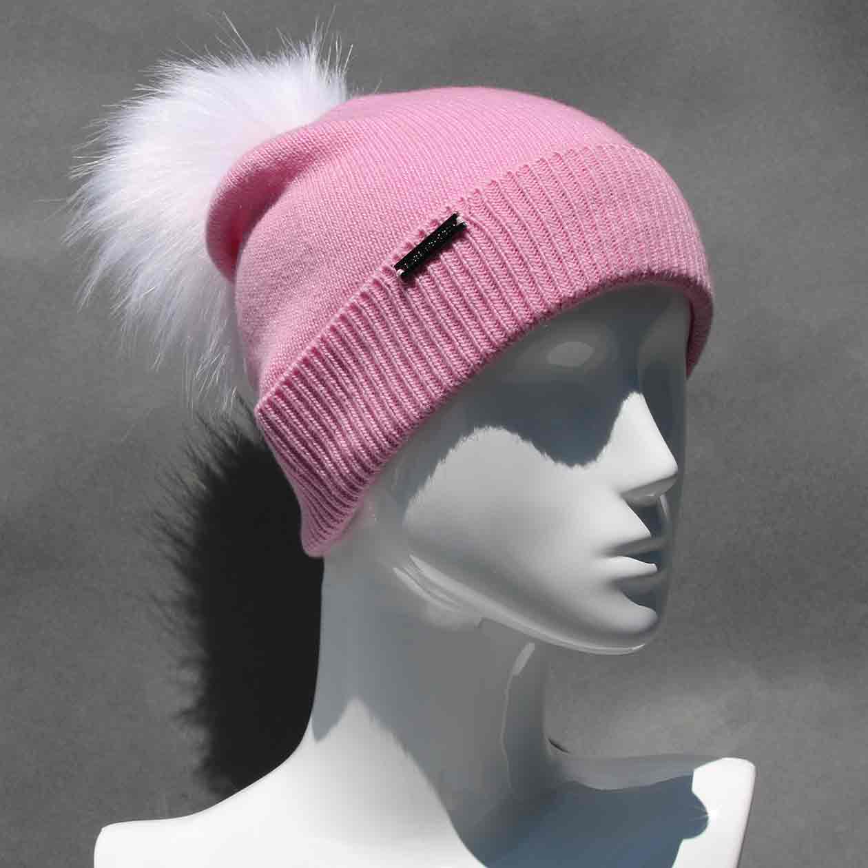 Party Pink Knit Hat with Custom Color Faux Fur Pom Pom