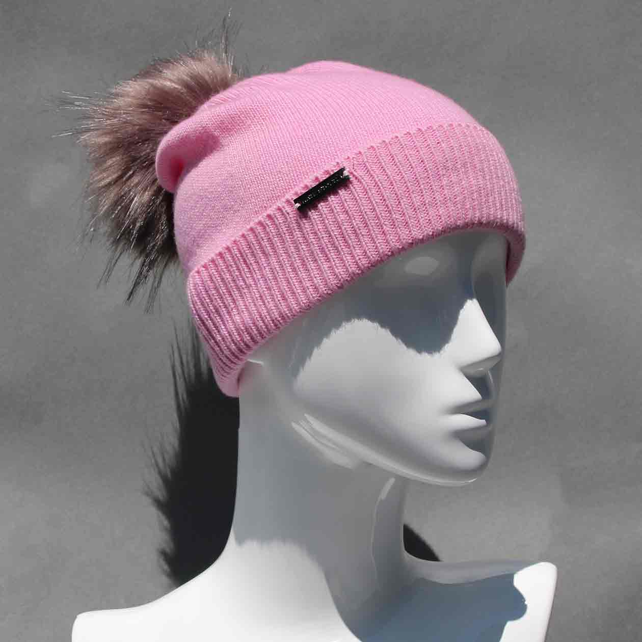 Party Pink Knit Hat with Custom Color Faux Fur Pom Pom