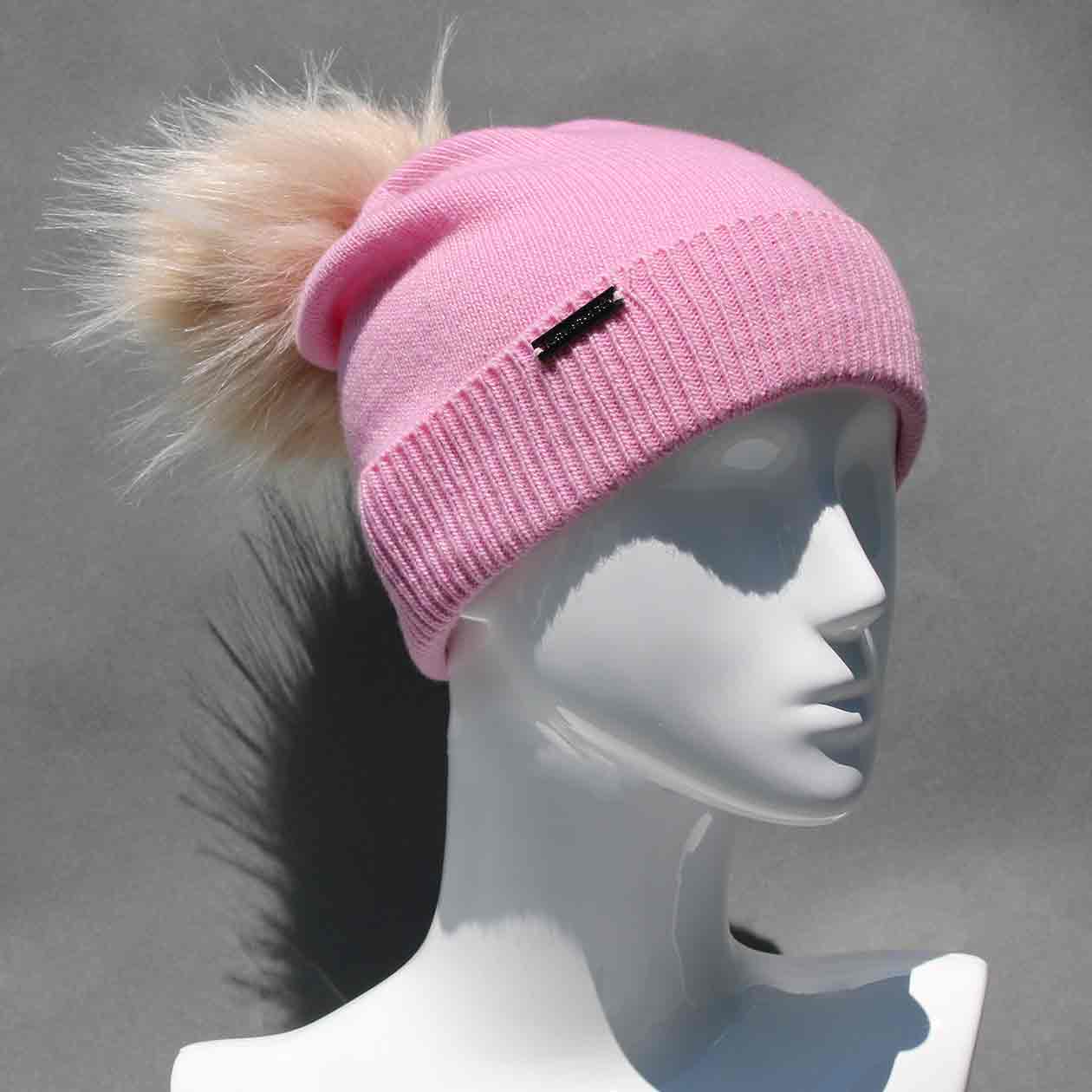 Classic Knit Cashmere Hat with Faux Fur Pom Pom /Multiple Colors