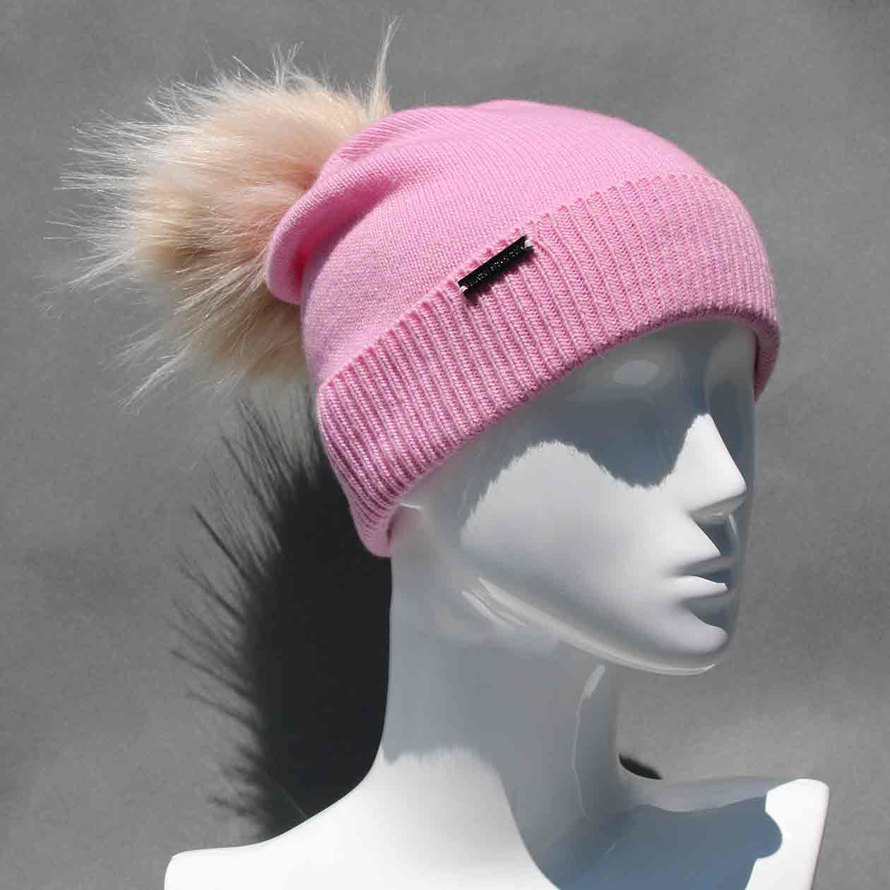 Party Pink Knit Hat with Custom Color Faux Fur Pom Pom