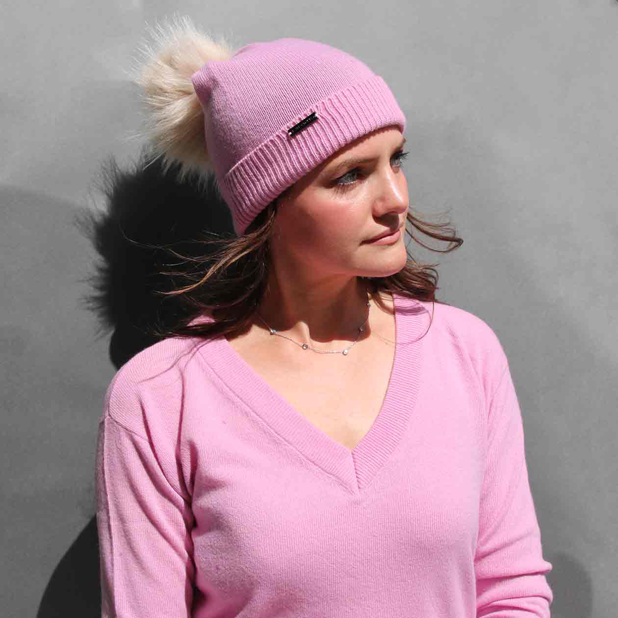 Classic Knit Cashmere Hat with Faux Fur Pom Pom /Multiple Colors