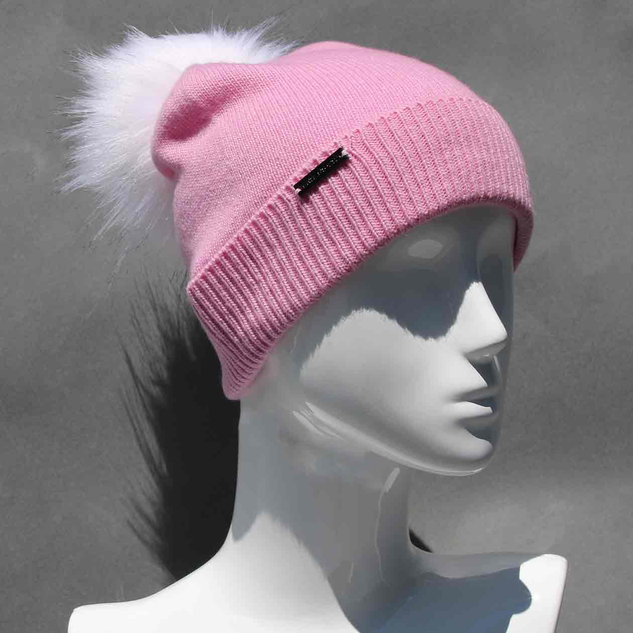 Party Pink Knit Hat with Custom Color Faux Fur Pom Pom