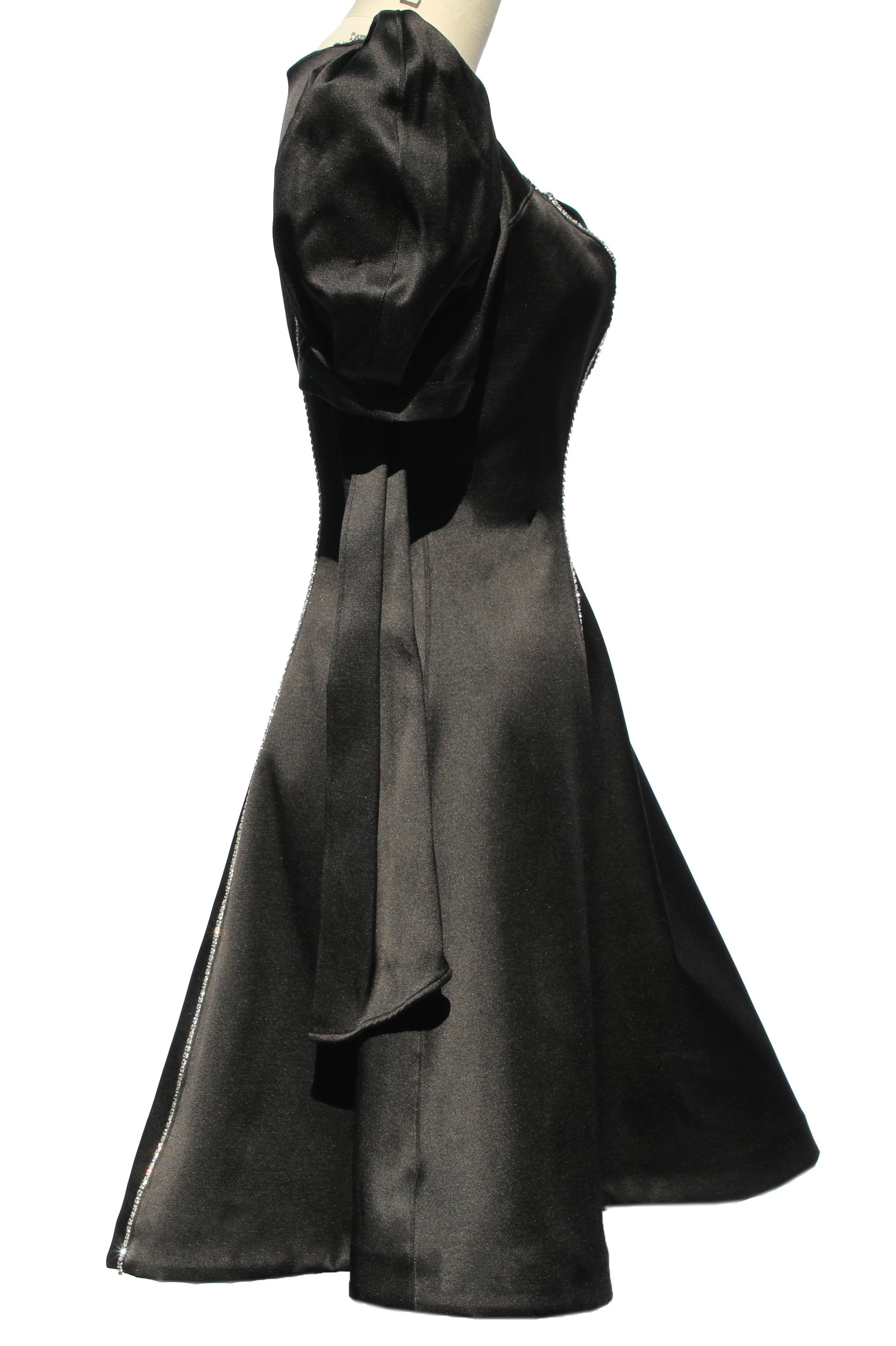     puff-sleeve-black-silk-fit-and-flare-dress