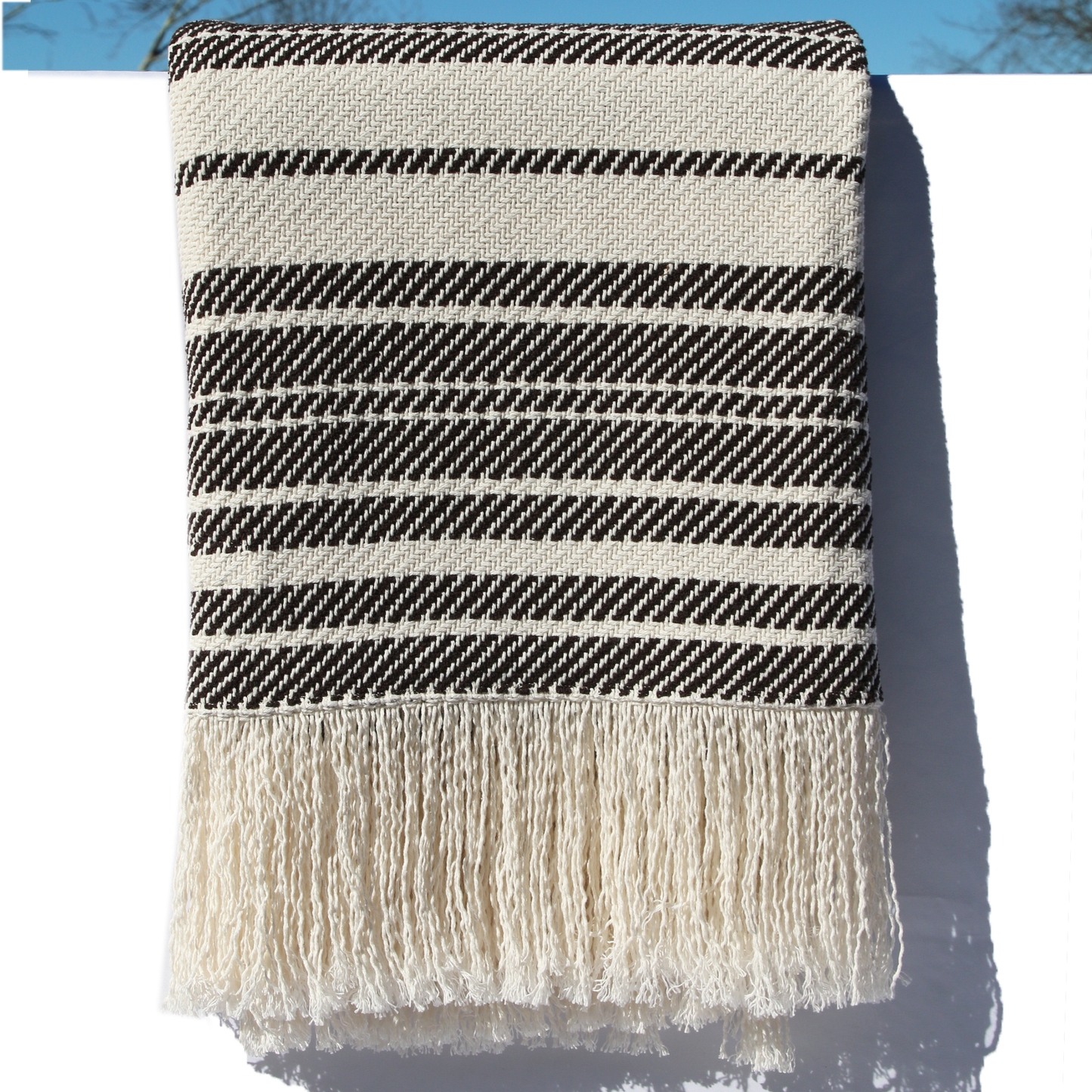 White and Dark Brown Striped Woven Cotton Throw